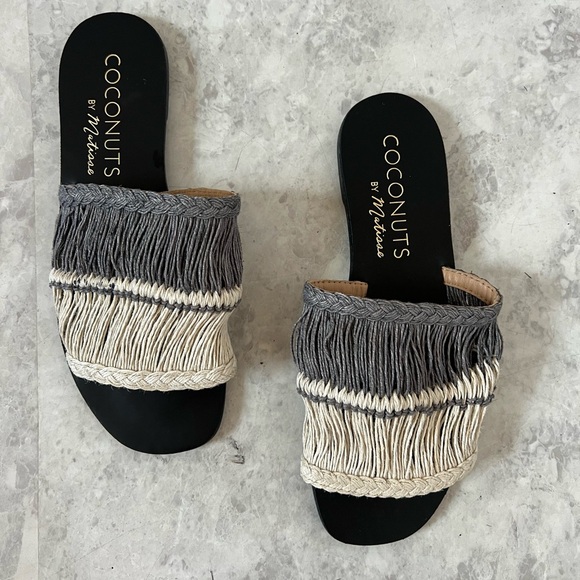NEW Anthropologie Coconuts By Matisse Slide Sandals Leather Jute Gray White 8 - Picture 2 of 5